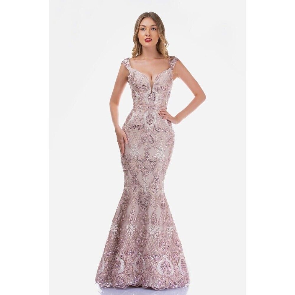 NWT Nina Canacci Lace Sequin Prom Dress #2243 Size 8 Rose Gold Mermaid V-Neck